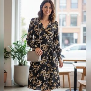 Ann Taylor Black and Gold Floral Long Sleeve Dress